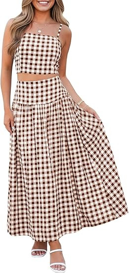 Wenrine Womens 2 Piece Skirt Sets Summer Gingham Crop Tank Tops Midi Dress Set Travel Vacation Ou... | Amazon (US)