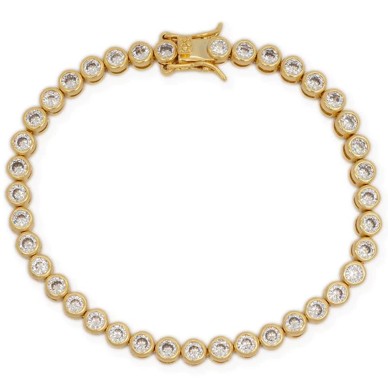 Round simulated diamonds make this tennis bracelet a classic style. 

Gold filled
Choose size be... | BRACHA