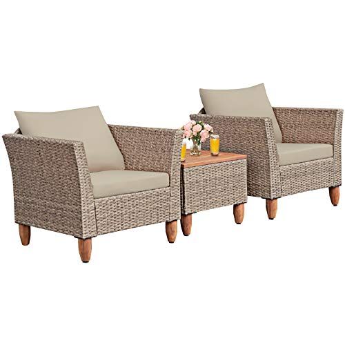 Tangkula 3 Piece Patio Furniture Set, Outdoor Wicker Rattan Bistro Sofa Set w/Washable Cushion, Acac | Amazon (US)