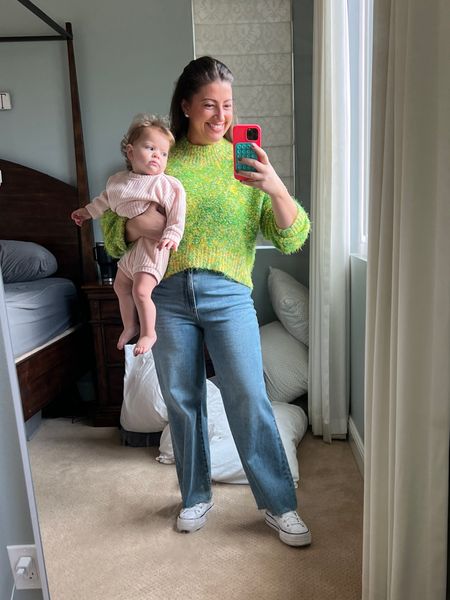 Love this soft and fun sweater from free people. Comes in other colors. Wildly soft. Can’t find the link for my jeans but they are JBD. And of course my converse. Baby’s outfit is from target but no sizes left  

#LTKfindsunder100 #LTKmidsize #LTKSeasonal