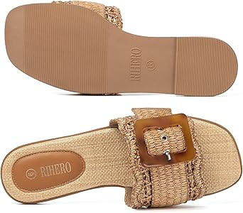 Rihero Women's Raffia Flat Sandals Square Open Toe Summer Beach Slip On Woven Buckle Slide Sandal... | Amazon (US)