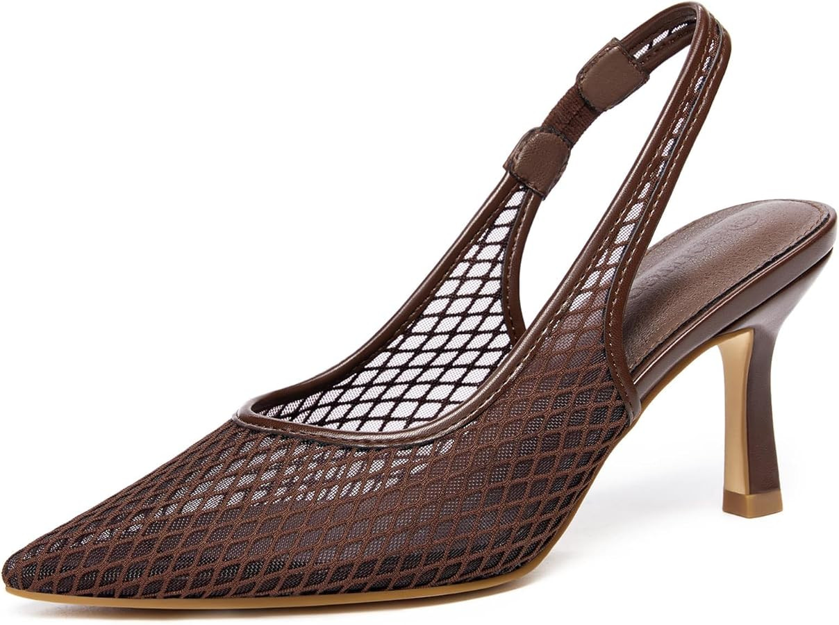 Coutgo Womens Mesh Slingback Kitten Heels Pointed Toe Low Heel Pumps Sexy Dress Shoes | Amazon (US)