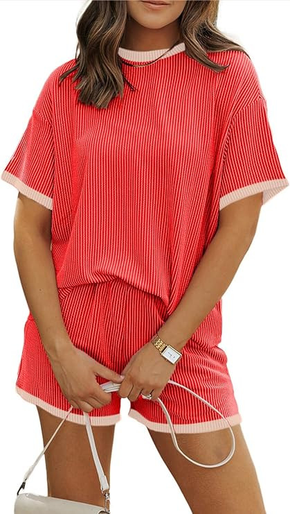 MARZXIN Women 2 Piece Shorts Set 2026 Casual Summer Cruise Outfits Ribbed Loose Short Sleeve Pock... | Amazon (US)