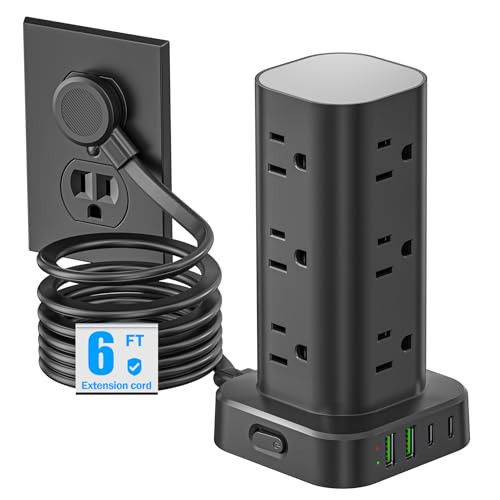 Tower Power Strip with Surge Protector - 12 AC Outlets & 4 USB Ports (2 USB-C), 6FT Extension Cord, Charging Station Tower for Home Office Dorm Travel (Black) | Amazon (US)