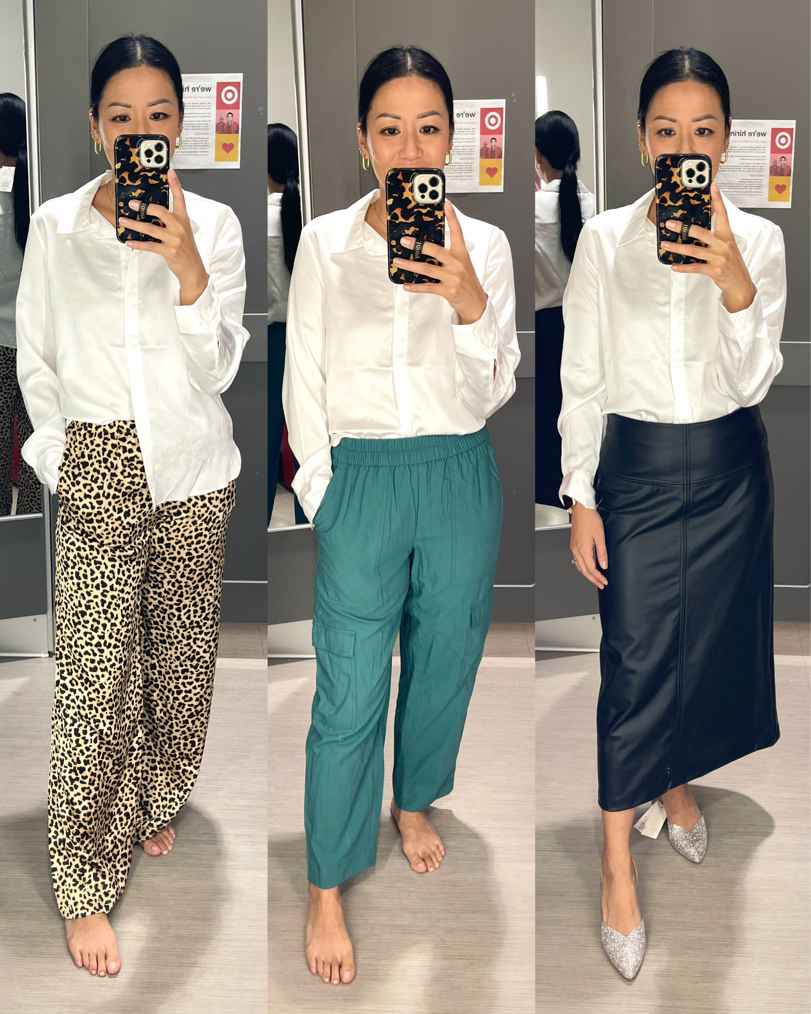Size small button down shirt
Size XS leopard satin pants
Size small ankle cargo pants
Size 4 faux leather skirt (need size 2)
Heels are true to size

Target fashion
Target style
