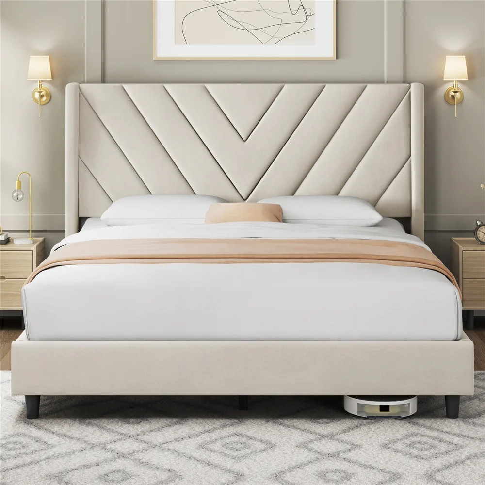Fullfurnique Upholstered Platform Bed Frame with Wooden Slat Support, Full, Beige | Walmart (CA)