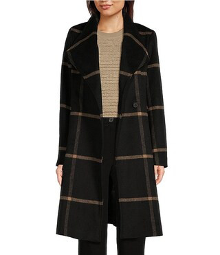 DKNY by Donna Karan Asymmetrical Button Front Single Breasted Windowpane Wool Blend Coat | Dillard's