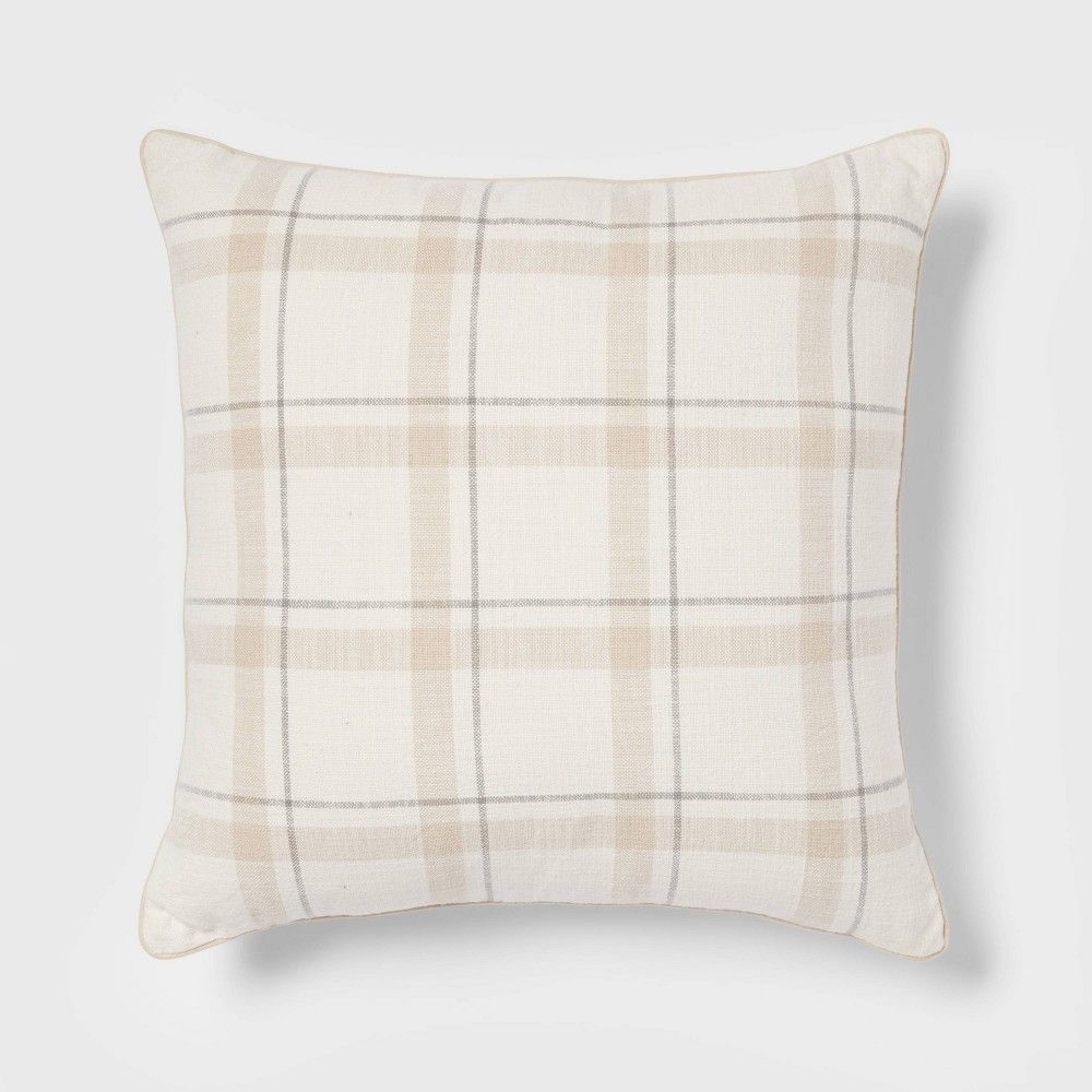 Woven Striped with Plaid Reverse Square Throw Pillow Neutral - Threshold | Target