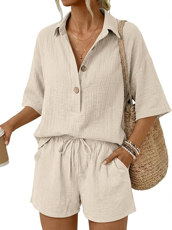 LILLUSORY Women 2 Piece Linen Short Sets 2026 Summer Vacation V Neck Short Sleeve Beach Outfits O... | Amazon (US)