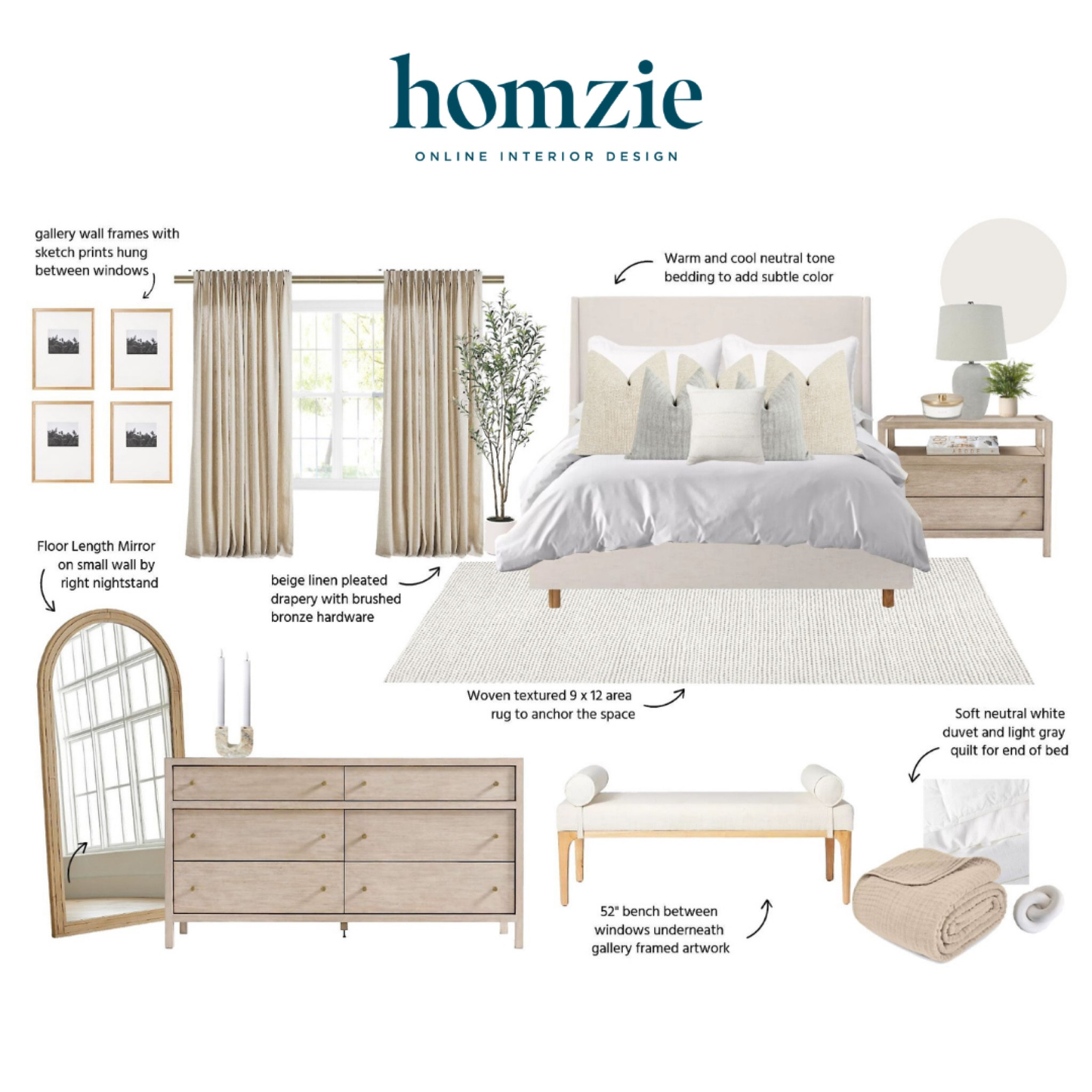 We loved designing this neutral modern classic bedroom our virtual interior design client. This space features neutral bedding, a woven area rug, matching light wood nightstands and dresser, upholstered headboard, and a gallery wall with prints. 

Work 1:1 with a Homzie virtual interior designer for a low flat-rate and receive a custom, shoppable decorating plan! - all online.  Get started homziedesigns.com/work-with-us 

#LTKHome #LTKStyleTip #LTKFindsUnder100