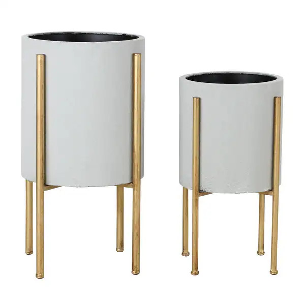 Nabila Grey/Gold Metal Mid-century Planters (Set of 2) - 23"h x 12.5"w x 12.5"d / 19"h x 10.5"w x... | Bed Bath & Beyond