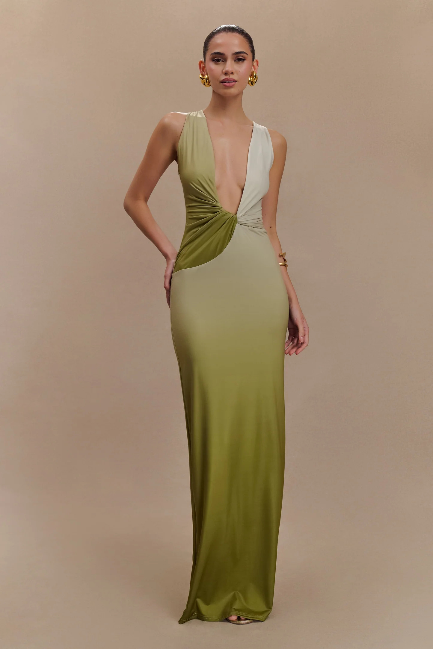 Stella Draped Slinky Maxi Dress - Ombre Vintage Olive | Meshki UK