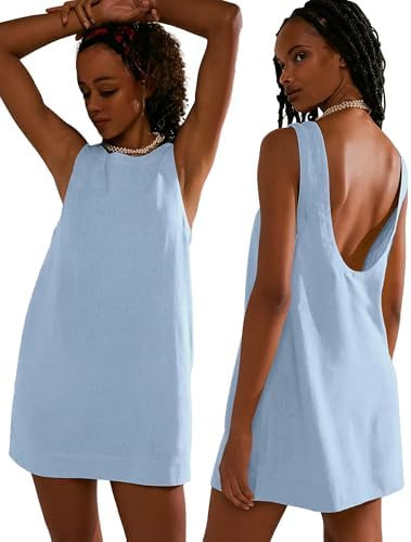 VIUTIL Womens Summer Linen Mini Dress Boat Neck Low Back Sleeveless Tank Dresses with Pockets 202... | Amazon (US)