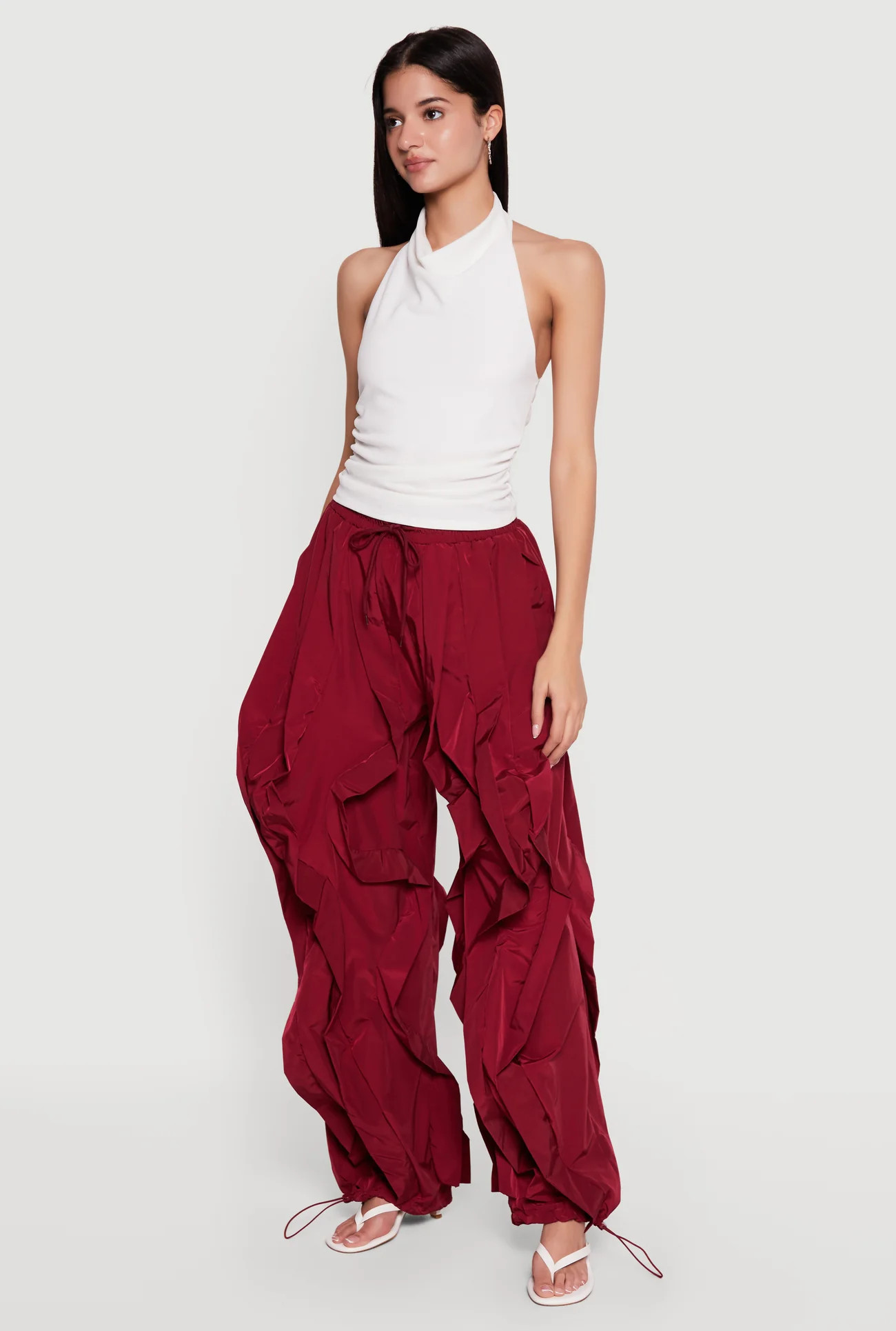 Drawstring Waist Ruffle Parachute Pants | Rainbow Shops