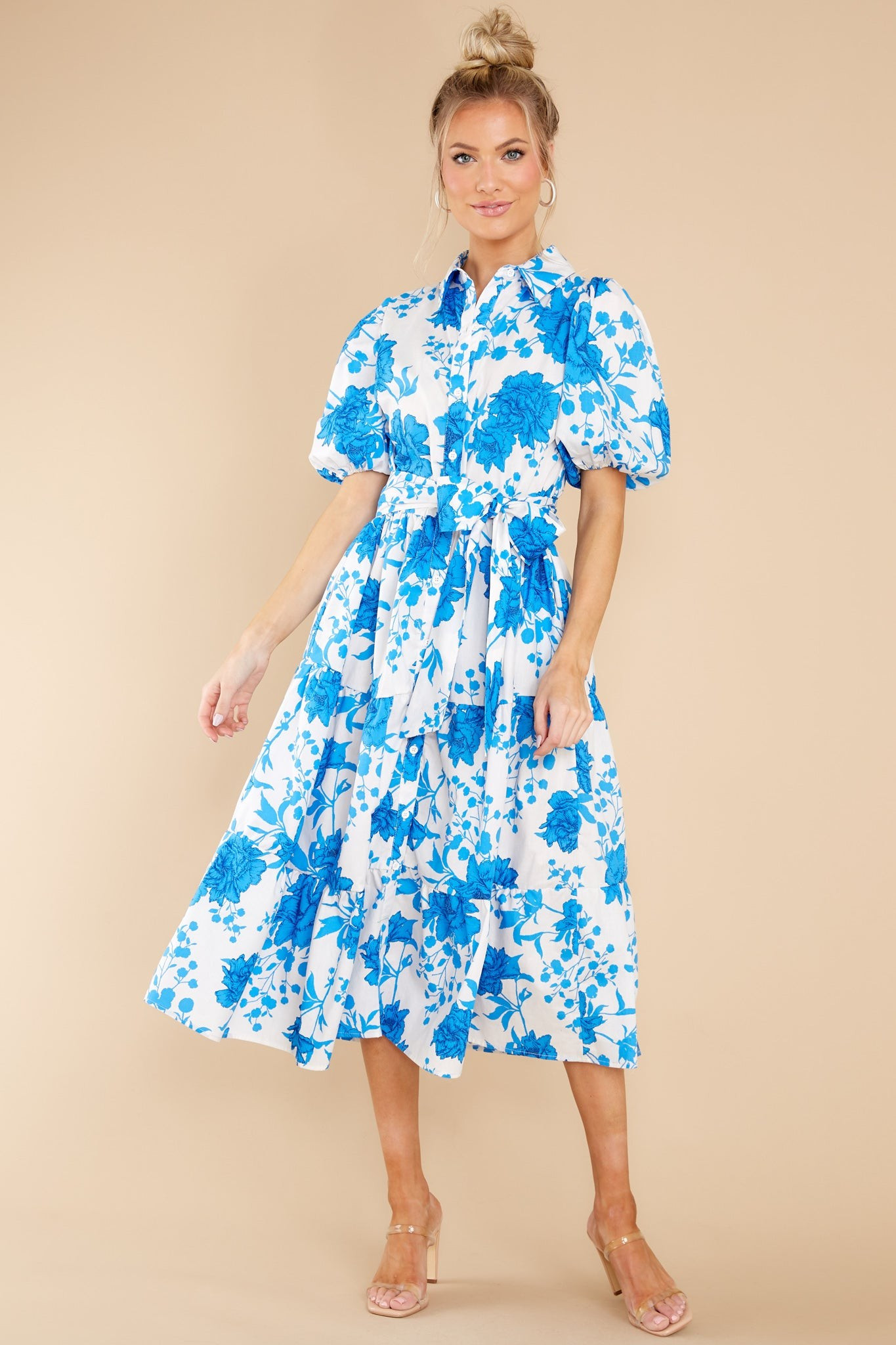 Timeless Touch White And Blue Floral Print Midi Dress | Red Dress 