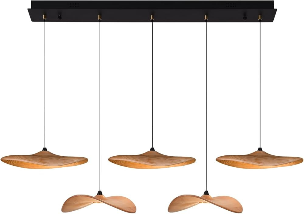 Wood Pendant Light Modern Chandelier, 5-Lights Dining Room Light Fixture with Wooden Lampshade Ha... | Amazon (US)