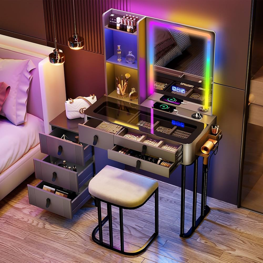 Makeup Vanity Desk with Mirror&Lights-Grey Vanity Desk with Glam Glass Top&Hair Dryer Holder-Dres... | Amazon (US)
