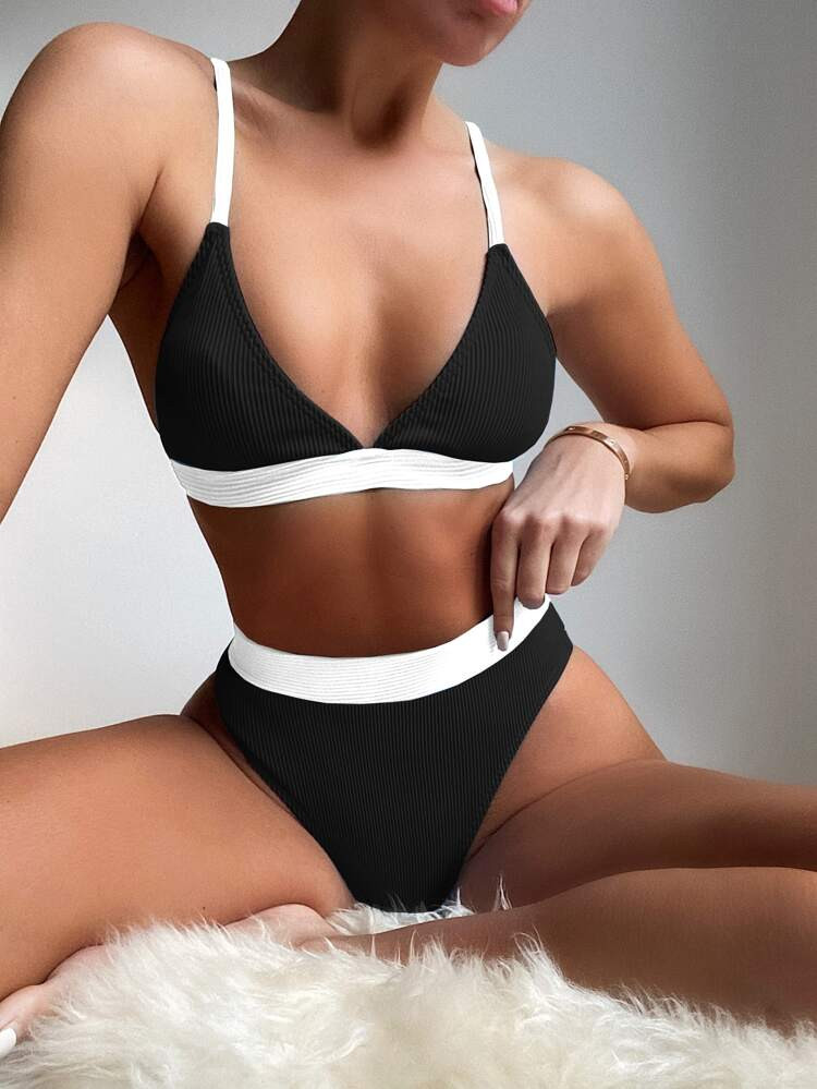Rib Contrast Binding  Triangle Bikini Swimsuit | SHEIN