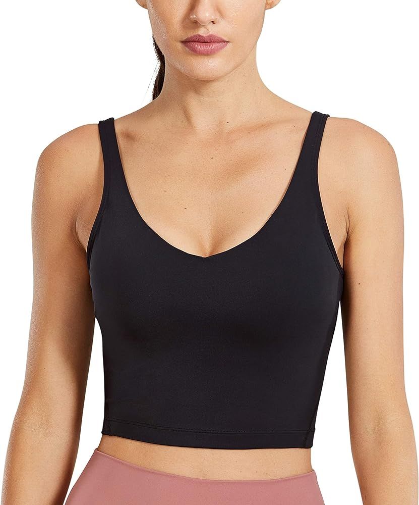 CRZ YOGA Womens V Neck Workout Tank Tops with Built in Bras - Cropped Padded Athletic Longline Sport | Amazon (US)