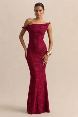 Afina | Burgundy Lace Asymmetric-Neck Maxi Dress | Club L London