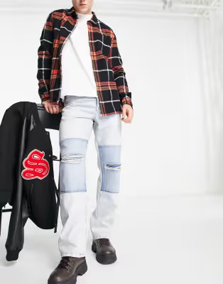 Topman baggy patch rip jeans in light wash blue | ASOS (Global)