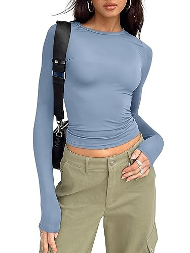 Trendy Queen Womens Long Sleeve Shirts Basic Crop Tops Tight Slim Fit Cute Teen Girls Fall Winter Y2k Clothes Blue Gray M | Amazon (US)