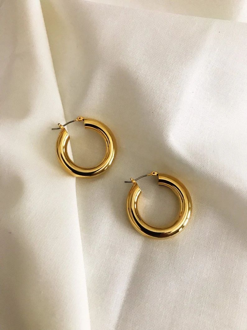 Gold Tube Hoop Earrings Gold Thick Hoops Gold Huggie Hoops Minimalist Hoops Chunky Gold Hoops Tin... | Etsy (US)