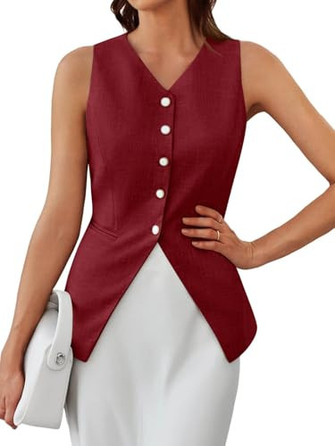 Tankaneo Womens Summer Suit Vest Tops Fashion Casual Sleeveless Blazers Split Hem Button Down Linen Work Waistcoat Burgundy | Amazon (US)