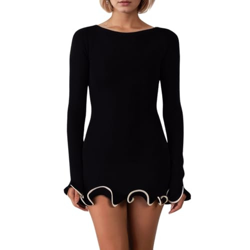 Women Elegant Ruffle Hem Knit Mini Dress Long Sleeve Contrast Color Patchwork Bodycon Short Sweat... | Amazon (US)