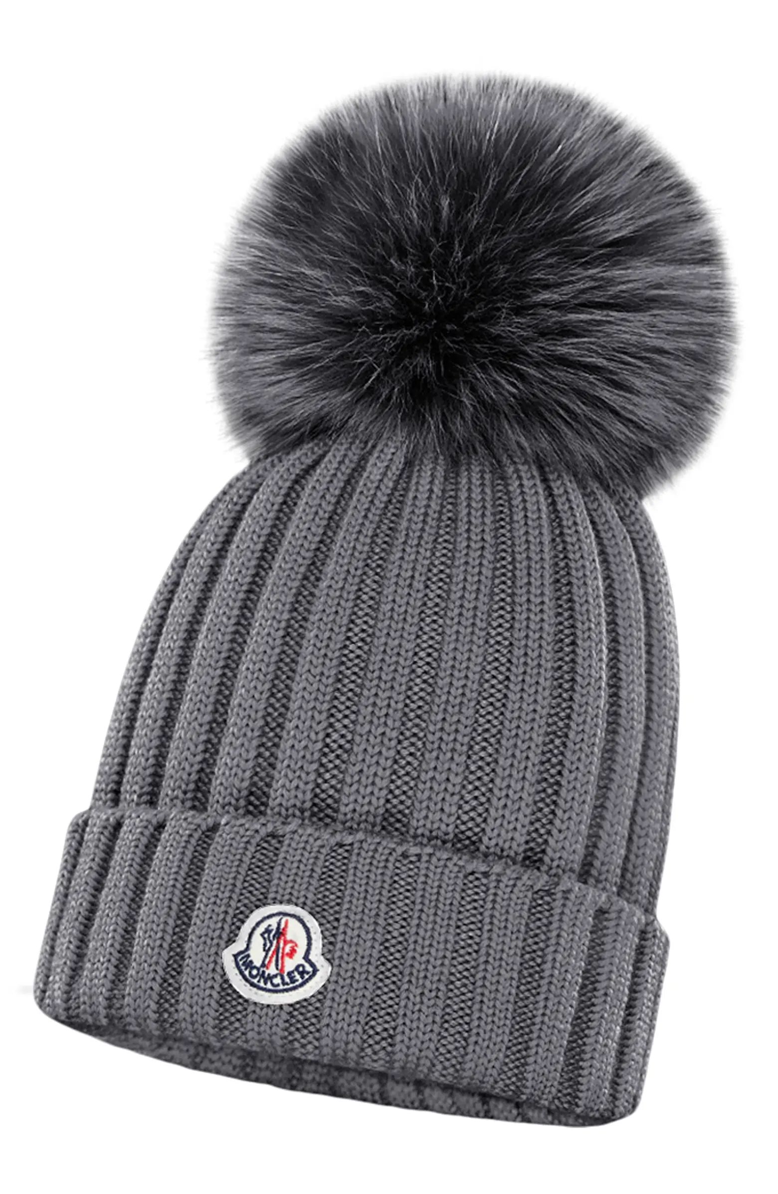 Rib Virgin Wool Beanie with Genuine Fox Fur Pom | Nordstrom