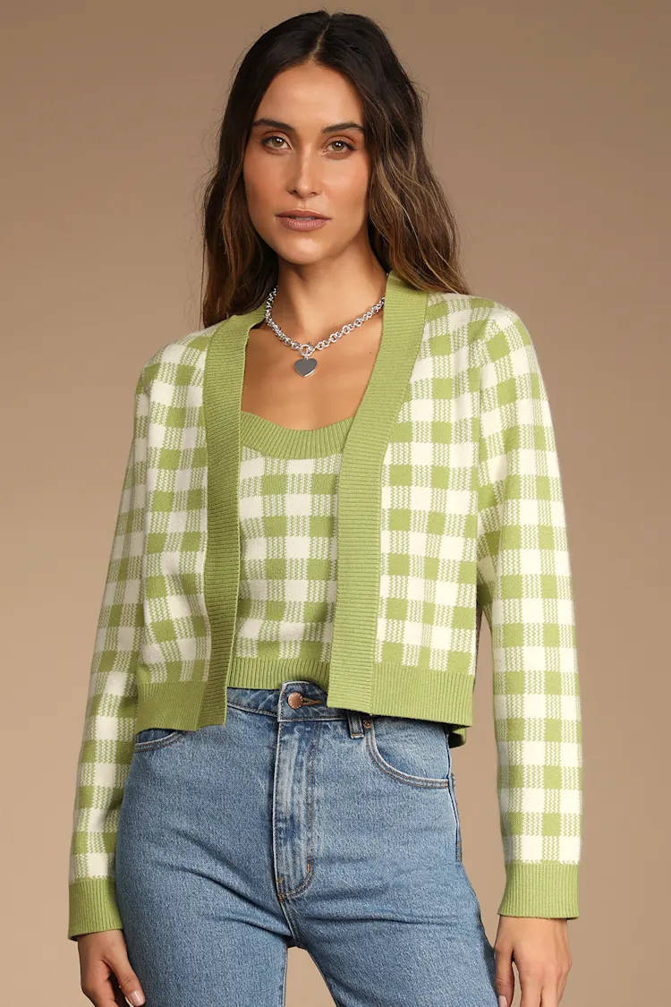 Sophisticated and Sweet Green Gingham Tank Top and Cardigan Set | Lulus (US)