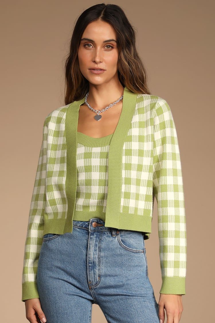 Sophisticated and Sweet Green Gingham Tank Top and Cardigan Set | Lulus (US)