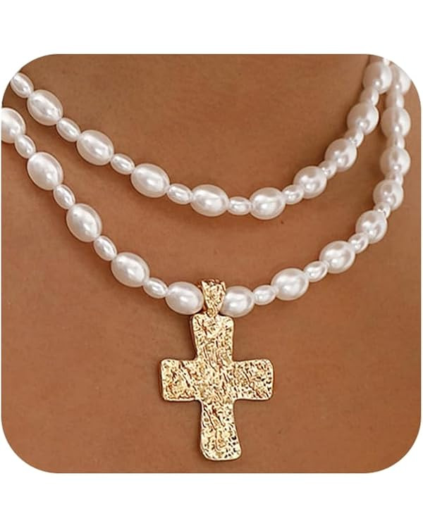 Chunky Gold Hammered Cross Beaded Pearls Necklace for Women Statement Bold Silver Cross Pendant V... | Amazon (US)