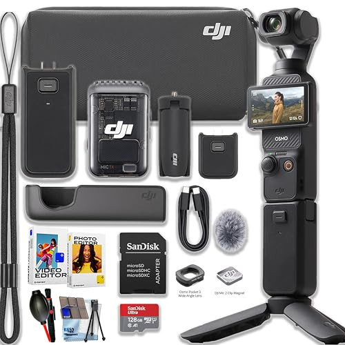 DJI Osmo Pocket 3 Creator Combo Bundle with Clip-On Transmitter/Recorder, Wide Angle Lens, Battery Handle, Mini Tripod, Carrying Bag + 128GB Ultra Micro SD Card, Cleaning Kit | Amazon (US)