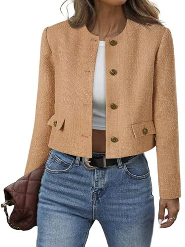 Cicy Bell Womens Cropped Tweed Blazer Collarless Button Down Bomber Jacket Business Casual Fall Outfits Brown | Amazon (US)