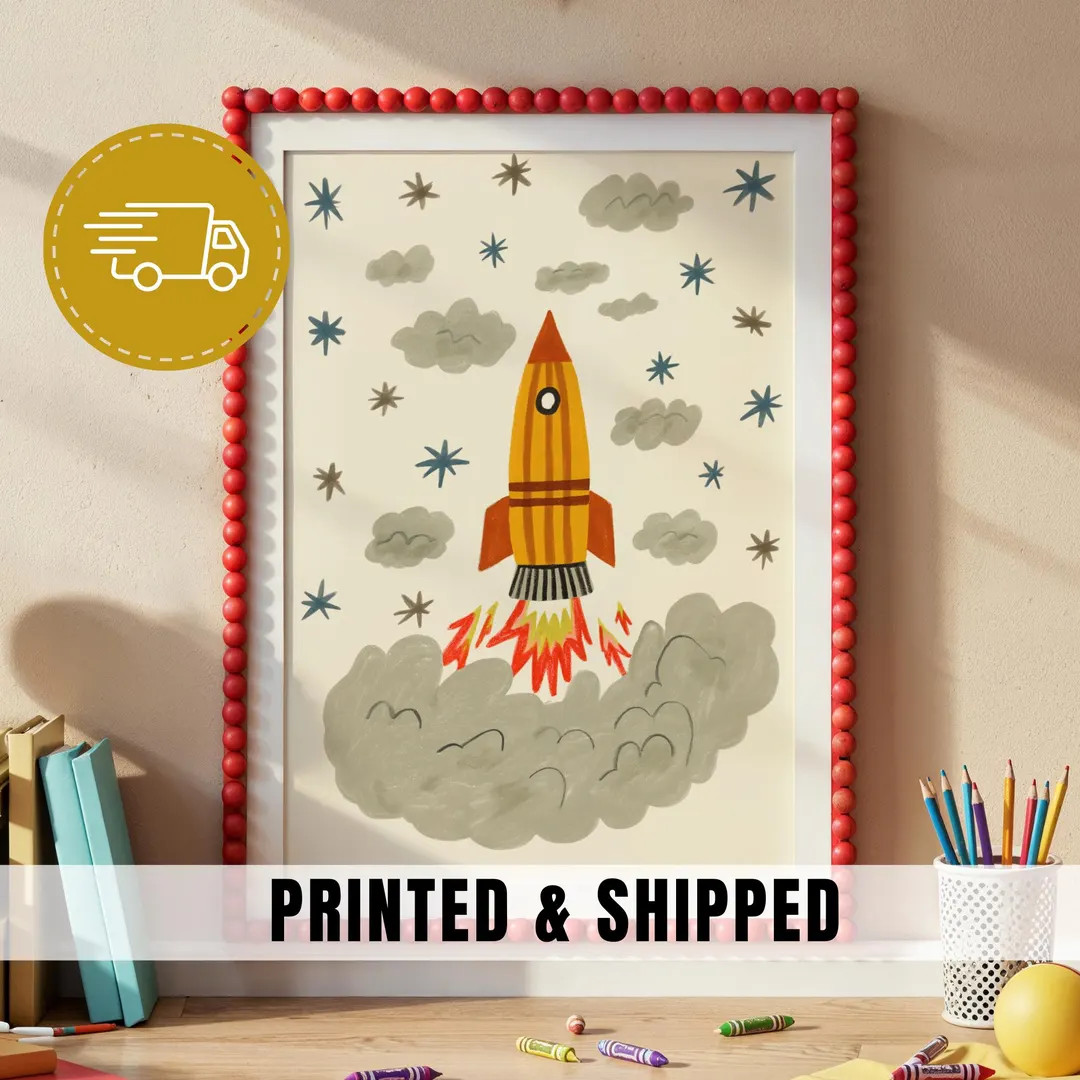 Rocket Ship Nursery Wall Art Space Illustration for Boys Room Playroom Decor Whimsical Retro Spac... | Etsy (US)