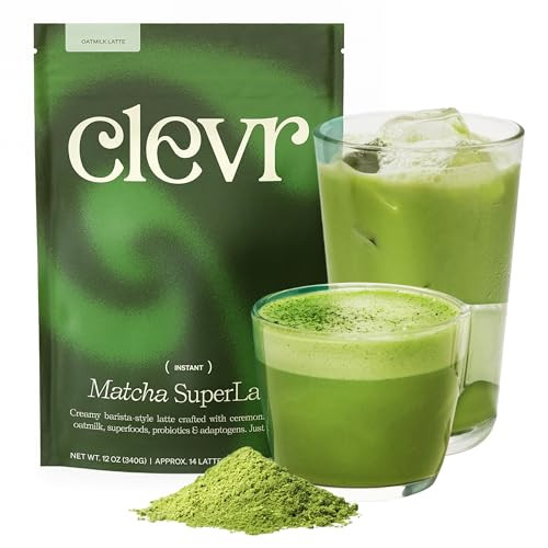 Clevr Blends Organic Matcha Green Tea Latte, Instant Ceremonial Grade Matcha, Superfood Powder Blend with Oat Milk, Lions Mane, Reishi Mushroom, Coconut Cream, Ashwagandha, Serve Hot or Iced, 12 oz | Amazon (US)