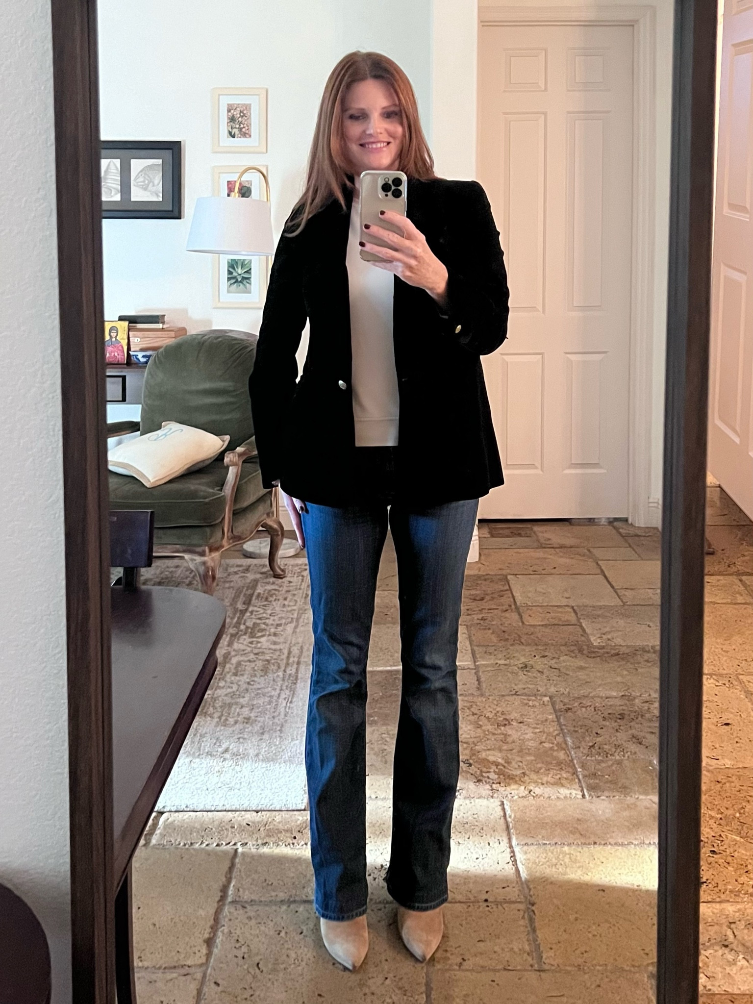 Velvet blazer with bootcut jeans. My jeans are vintage Seven, but I linked the current similar style. 
Velvet blazer is a must for cute casual style this holiday season.

Black velvet blazer, boot cut jeans, seven jeans

#LTKover40 #LTKworkwear #LTKstyletip #velvetblazer #holdiaystyle #casualchic
