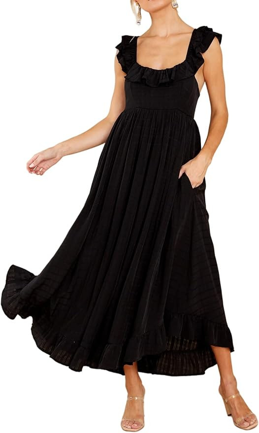 R.Vivimos Summer Dress for Women Sleeveless Boho Ruffle Square Neck Tie Back Casual Backless Flow... | Amazon (US)