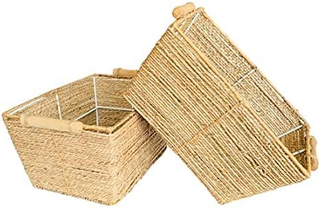 MARLIC Rectangular Seagrass Woven Storage Basket with Handles - Natural Seagrass Baskets for Organiz | Amazon (US)