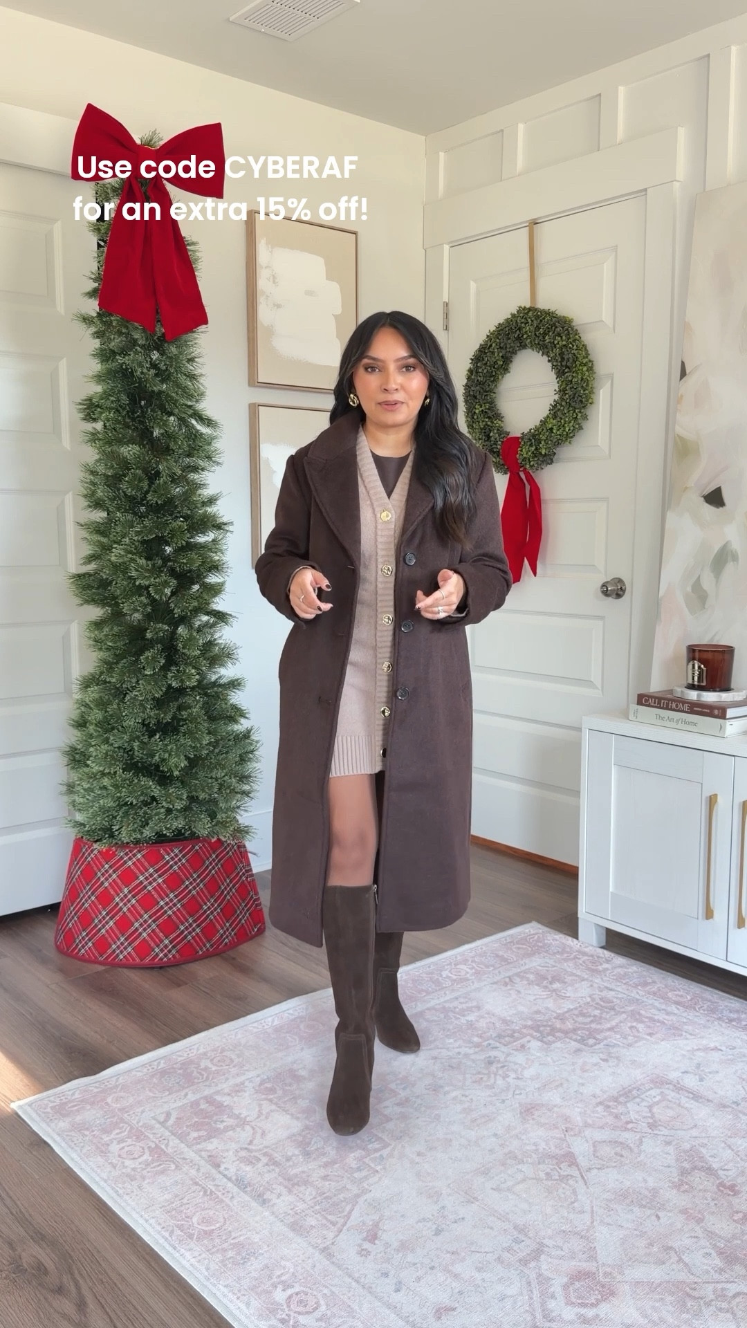 Light brown tan mini sweater dress size xs petite TTS
Long sleeve tee size xs regular TTS
Dark Coffee coat size xs petite TTS
Brown waterproof boots size 6 TTS

#LTKCyberWeek #LTKPetite #LTKSaleAlert