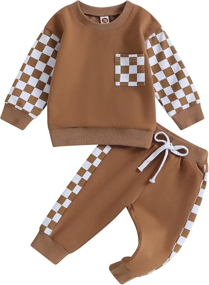 WALLARENEAR Toddler Baby Boy Fall Winter Outfits Checkerboard Long Sleeve Tops Crewneck Sweatshir... | Amazon (US)