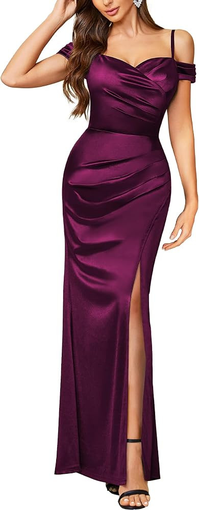 Miusol Women's Sexy Off Shoulder Satin High Split Ruched Style Evening Party Maxi Dress | Amazon (CA)