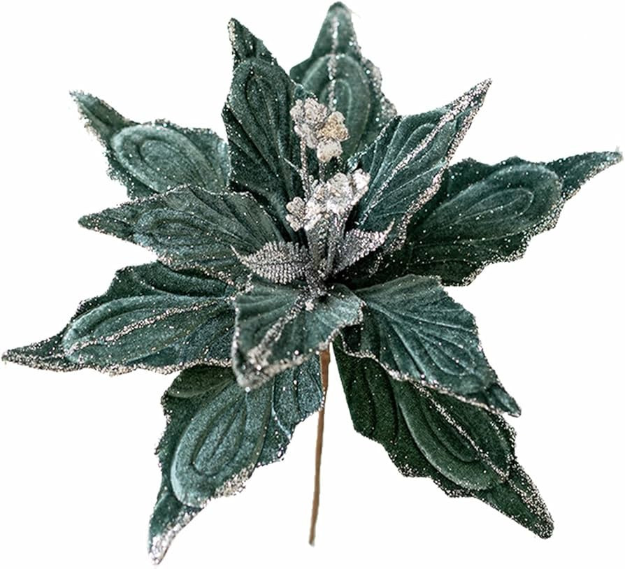 6 pcs Christmas Poinsettia Artificial Glitter Flowers Ornaments Picks 11" for Christmas Tree Wrea... | Amazon (US)