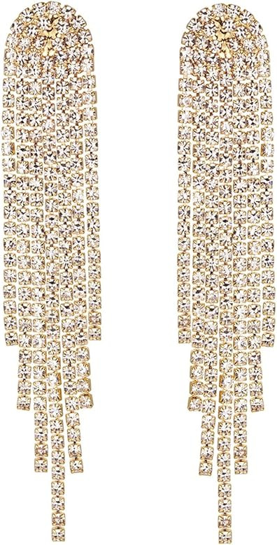 Mlouye 3.3"L Rhinestone Earrings Dangling Long Fringe Crystals Chandelier Dangle Drop Earrings fo... | Amazon (US)