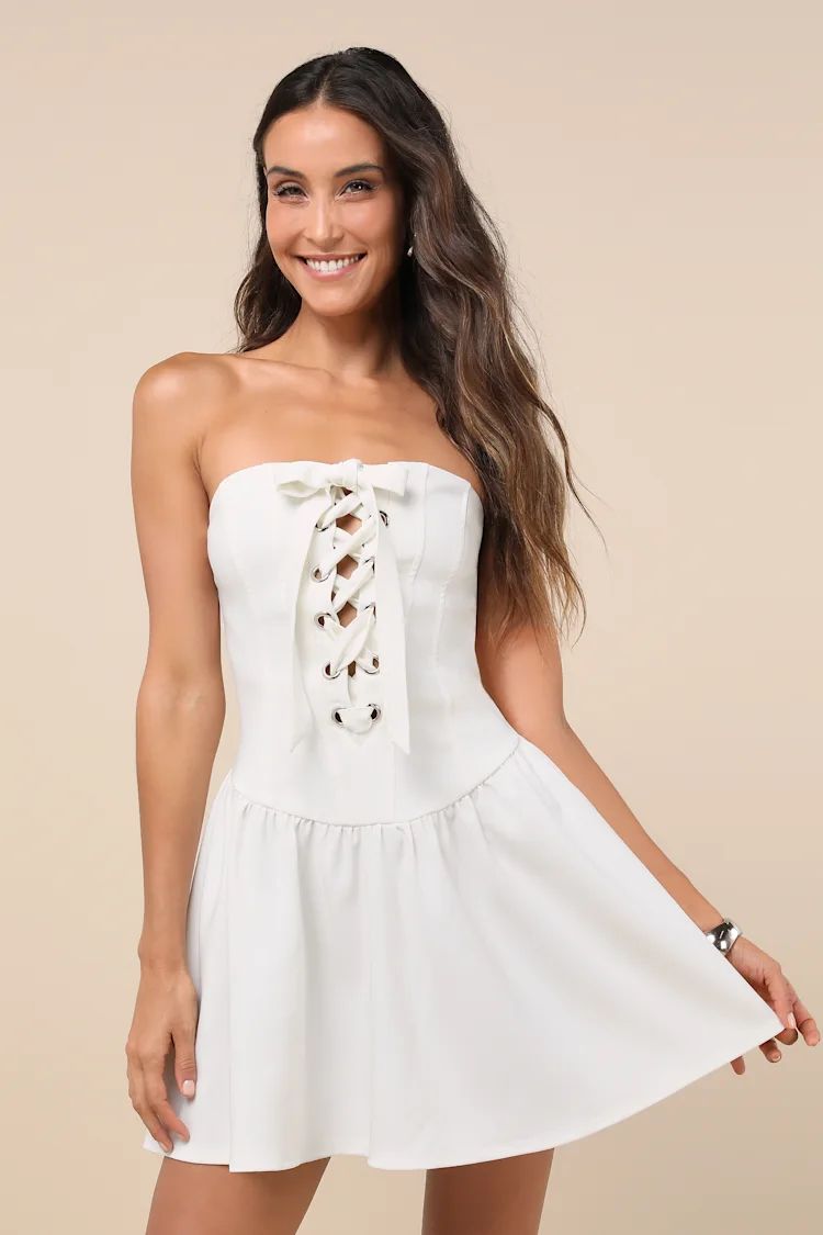 Infinite Allure White Strapless Lace-Up Drop Waist Mini Dress | Lulus