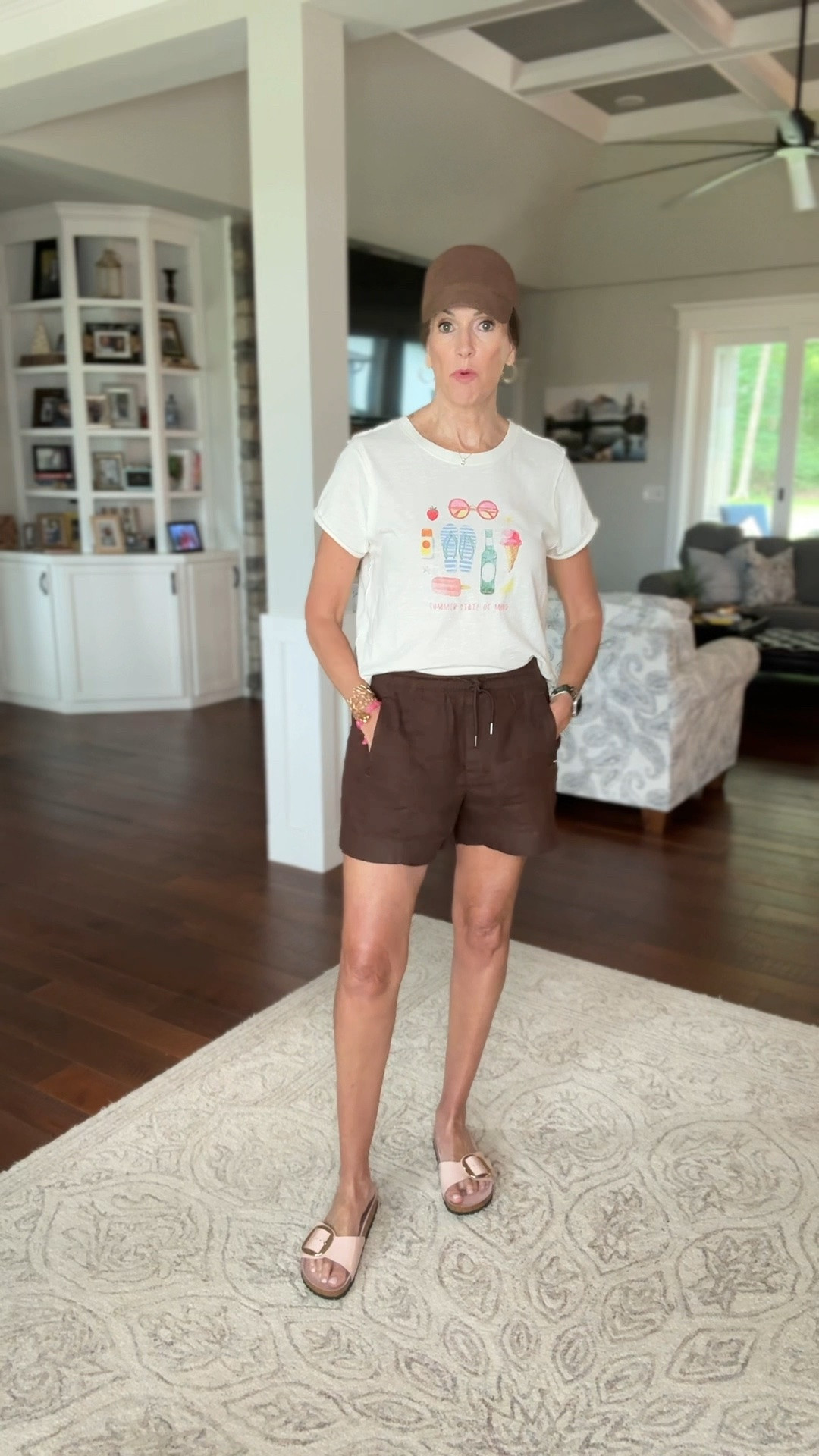 Graphic tee - medium 
Linen shorts - small 

Baseball game style 
Summer 
Vacation

#LTKootd #LTKMidsize #LTKdayinmylife