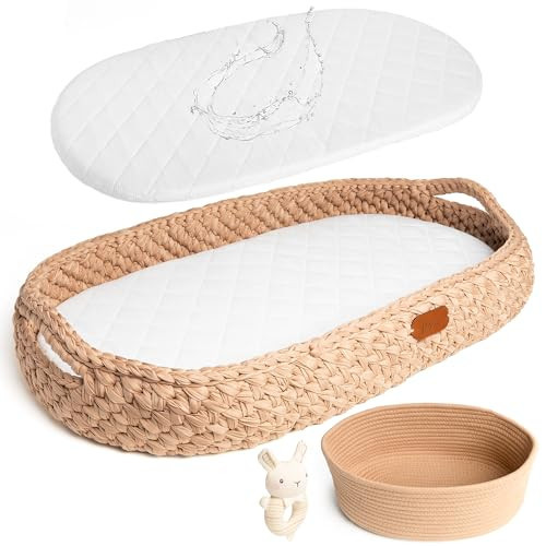 Handmade Baby Changing Basket Set with a Soft Changing Pad and Waterproof Cover,Diaper Organizer,Rattle Shaker, Moses Basket, Changing Table Topper for Dresser| Boho Bassinet, Handmade Crochet Basket | Amazon (US)