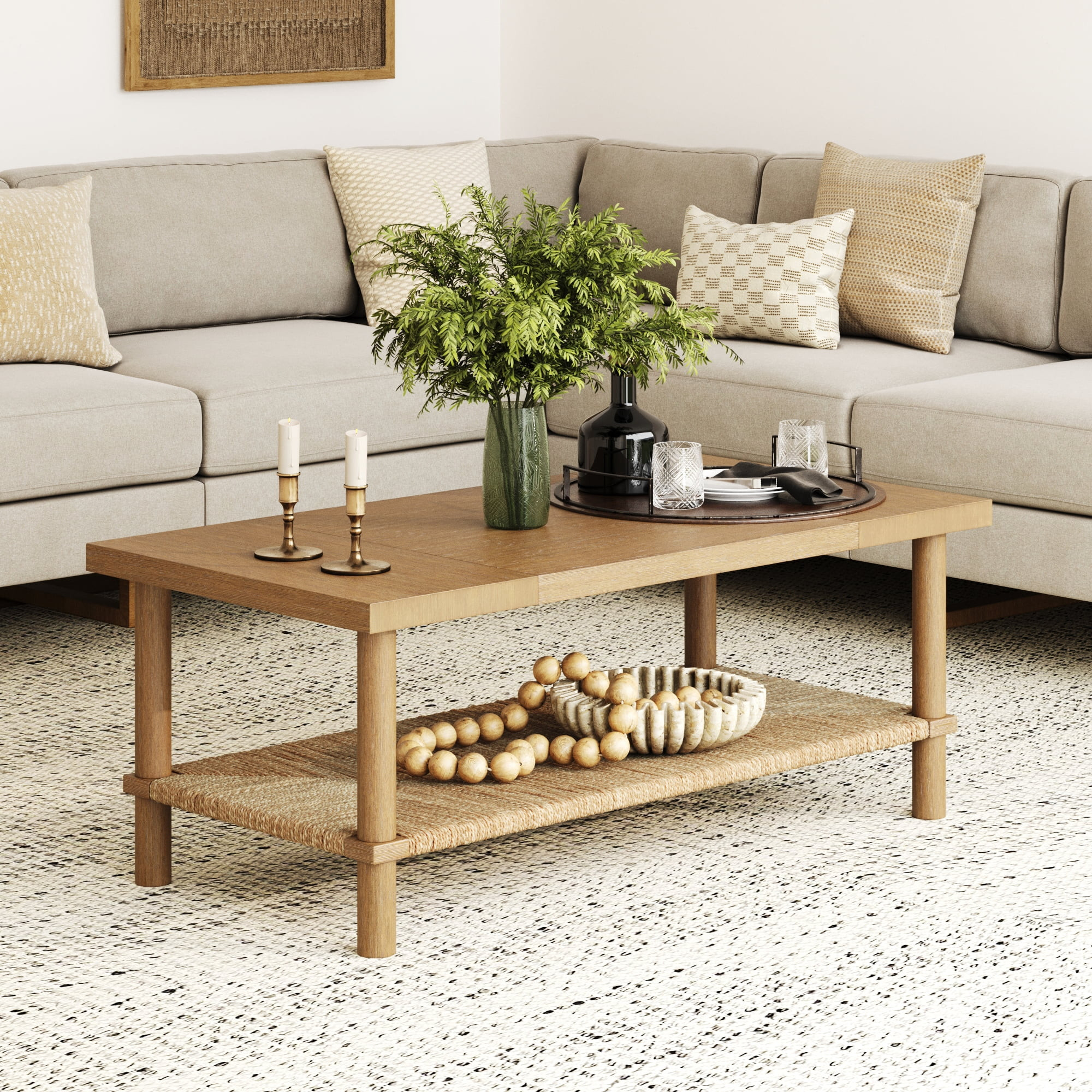 Nathan James Storage and Seagrass Accent Rectangle Coffee Table, Light Brown | Walmart (US)