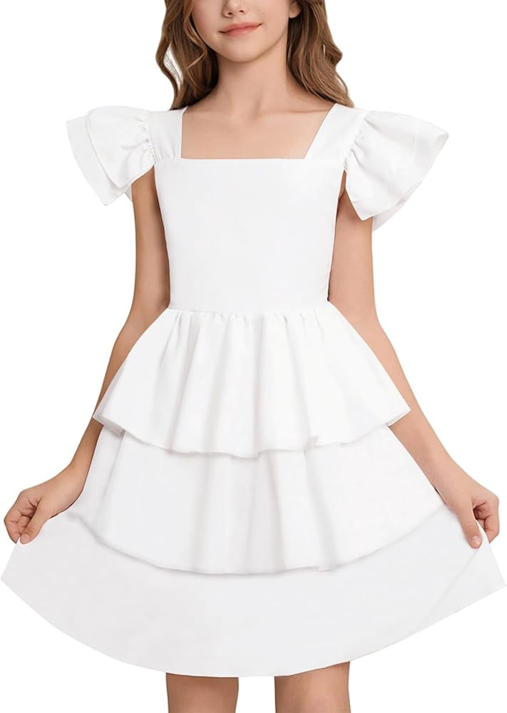 21KIDS Girls Summer Dress Flutter Sleeve Smocked Tiered Elegant Casual Dresses for Girls 8-12 Yea... | Amazon (US)